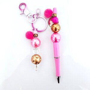 Pink Bubble Bead Pen & Keychain Set, Pom Pom Cute Gift Accessory, Student Pen